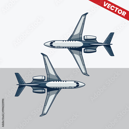 Top View of Two Private Jets Flying Parallel Business Aviation Vector Illustration Luxury Corporate Travel Concept Executive Charter Planes Isolated on Background Aerospace Transportation Graphic