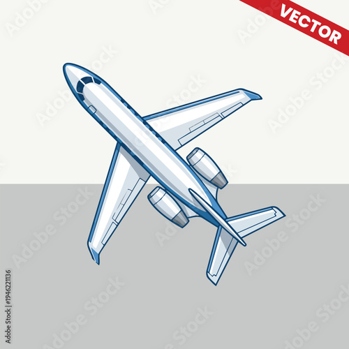 Top view vector illustration of a modern twin engine commercial jet airplane flying diagonally over a grey and white background aviation and transportation design element