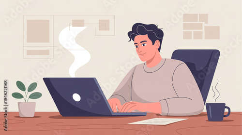Vector illustration of a man working on laptop at desk