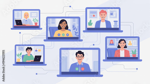 Set of 6 people video conferencing on laptops vector