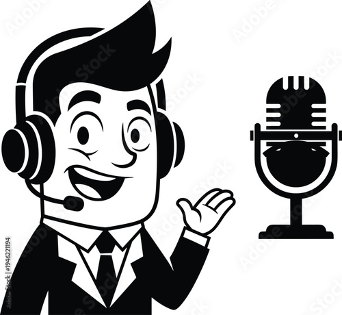 Cartoon podcast host with headphones speaking into microphone mascot character for radio broadcast streaming and audio show isolated background
