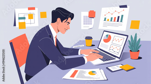 Vector illustration of businessman working on laptop with office supplies