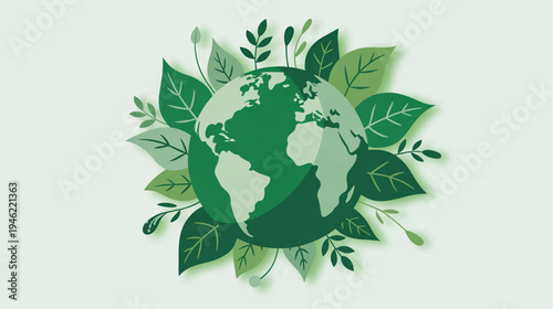Vector earth icon with green leaves, eco symbol