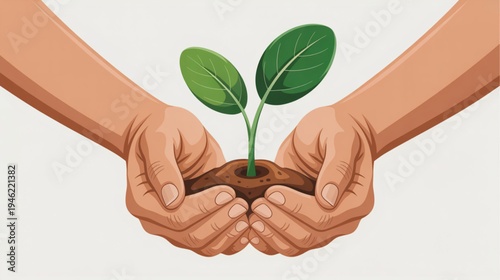 Vector illustration of hands holding a green plant