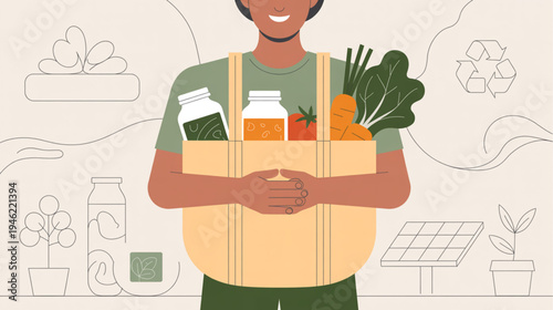 Vector illustration of a person holding a reusable shopping bag with groceries