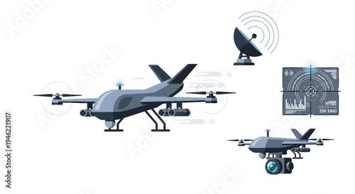 Illustration of modern military drones in flight with satellite and radar systems on a white background, conveying a futuristic warfare concept.