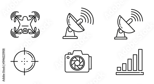 A vector illustration of a modern military drone system with satellite communication, targeting, and surveillance technology on a clean white background, conveying a futuristic and