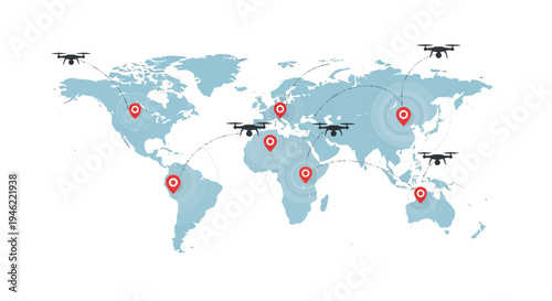 Illustration of a world map with red location markers and drones flying overhead, representing global drone warfare and military operations.