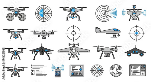 Vector illustration of various military drones and drone warfare technology concepts, including combat UAVs, armed surveillance drones, and tactical drone operations, on a clean white