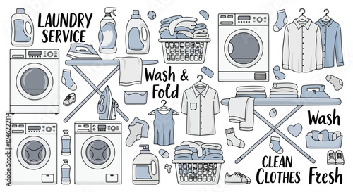 A collection of laundry service icons and illustrations including washing machines, dryers, clothes, and cleaning supplies.
