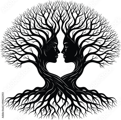 Interconnected tree silhouette with humanoid form