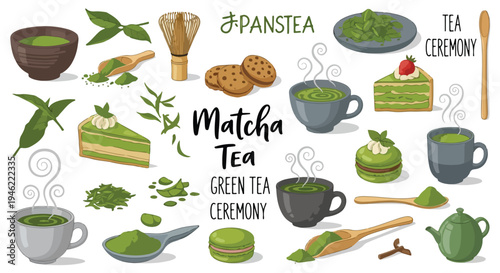 Collection of matcha tea and green tea ceremony related items including cups, cakes, leaves, and utensils.