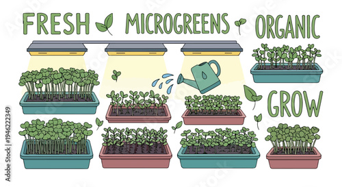 An illustration of microgreens growing in planters with a watering can.