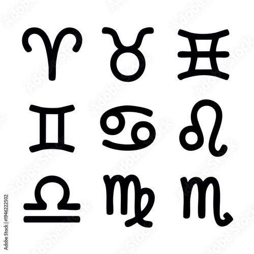 Zodiac signs in black on white.