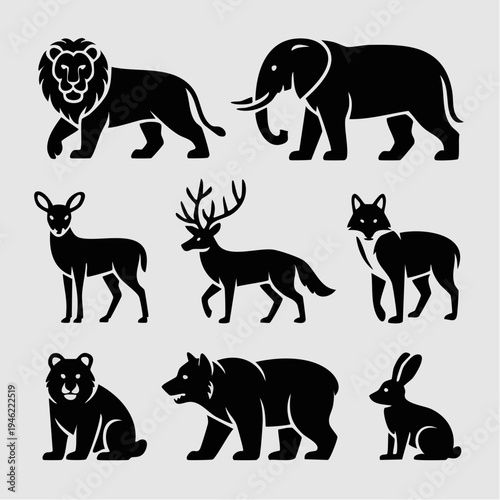 Black silhouettes of various wild animals.
