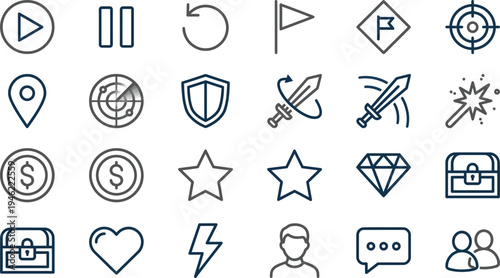 Collection of line icons representing essential gaming interface elements like controls, combat, and rewards.