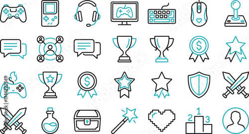 Diverse collection of black and teal line art icons representing video gaming equipment and achievements.