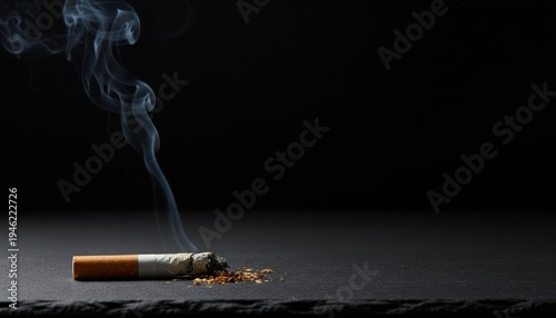 Cigarette burning with smoke and ash on a dark background, representing addiction and health risks.