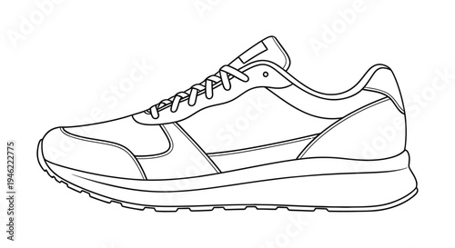 Line drawing of a single running shoe shown in a side view perspective