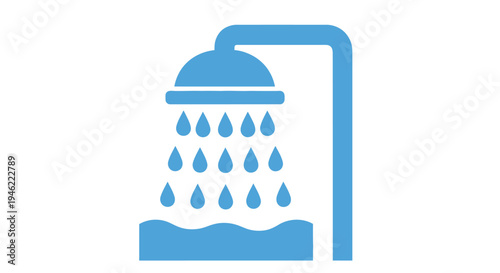 Simple blue icon depicting a showerhead with falling water droplets
