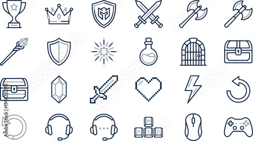 Diverse set of minimalist vector line icons illustrating popular video game elements and fantasy items.