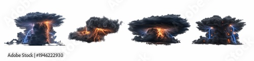 Photos Set Of Thunderstorm Clouds Isolated On White Background, Dark Stormy Clouds With