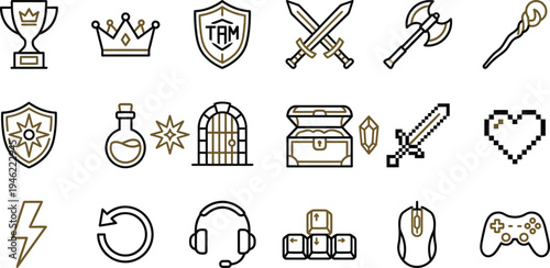 A collection of brown and black outline icons representing various elements of video game design.
