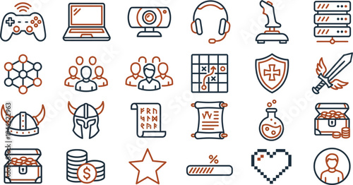 A diverse collection of two-tone outline icons representing various gaming, fantasy, and digital concepts.