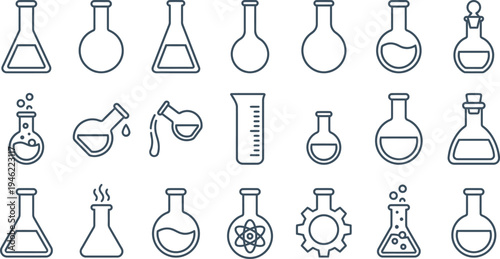 Collection of various outline icons depicting different styles of laboratory flasks and glassware equipment