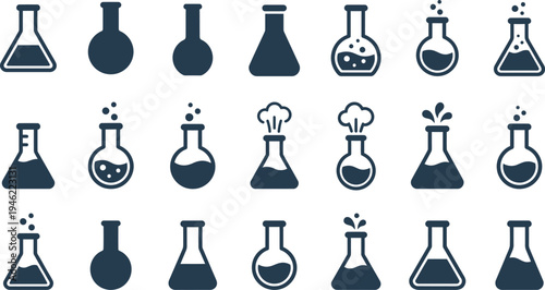 A diverse set of minimalist science lab flask and beaker icons representing various chemical reactions.