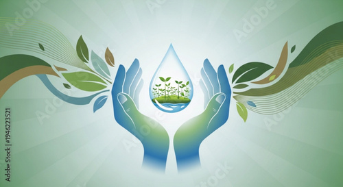 Hands cradling a water droplet with a green landscape and leaves symbolizing eco friendly conservation and sustainability