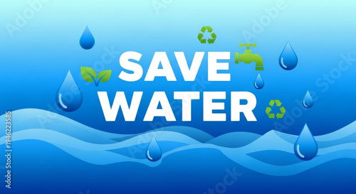 Save water environmental conservation poster with water droplets and recycling symbols on blue background