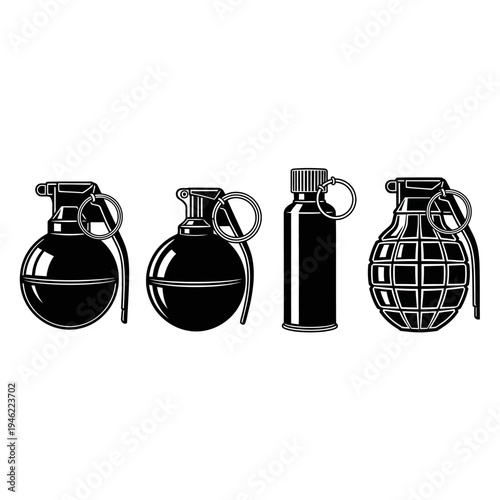 illustration of various types of grenades and a spray can