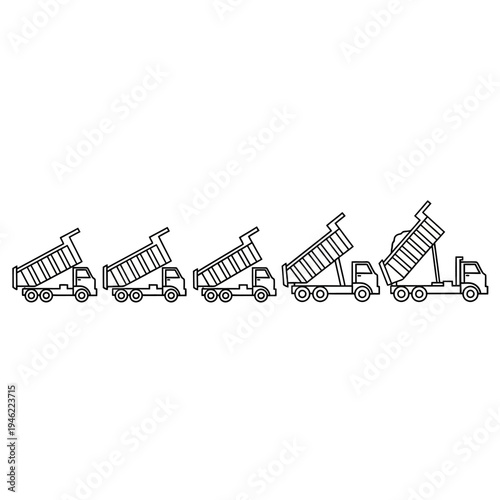 series of dump trucks in various stages of unloading their contents