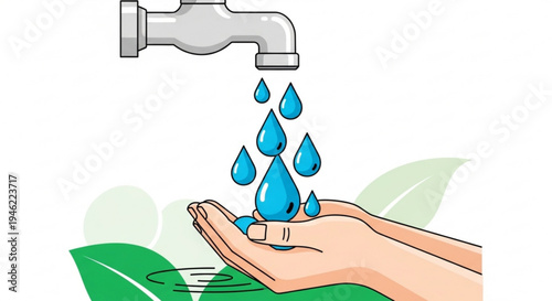 Hand catching water drops from faucet with green leaves symbolizing conservation and sustainability