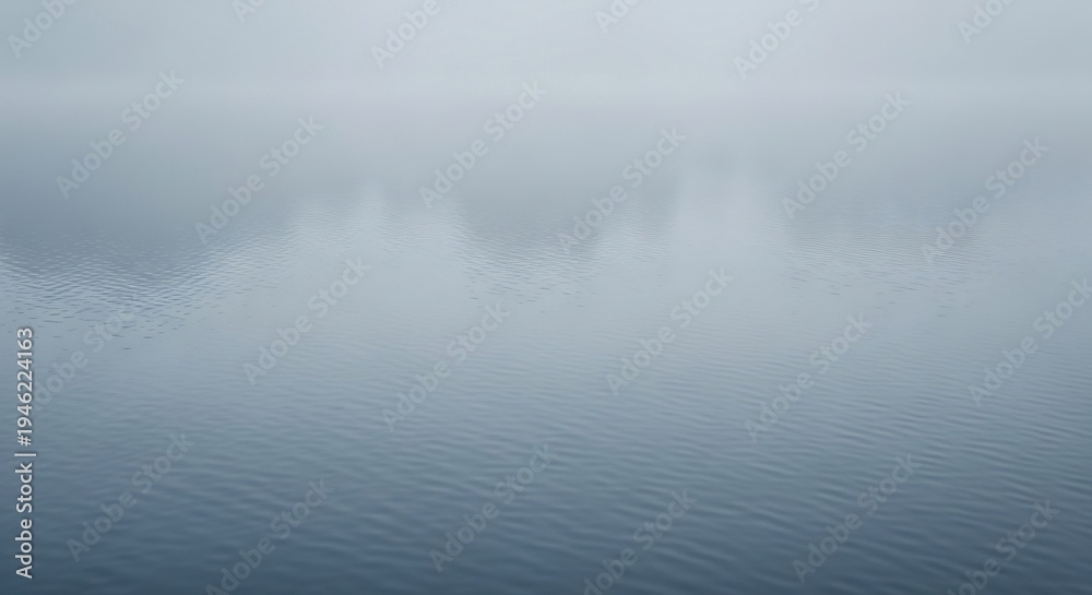 Fototapeta premium Misty Morning Over Calm Lake Reflecting Trees and Sky.