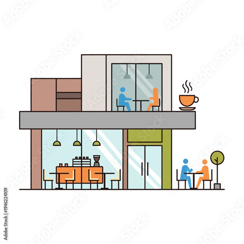 Modern cafe exterior with people enjoying coffee indoors and outdoors