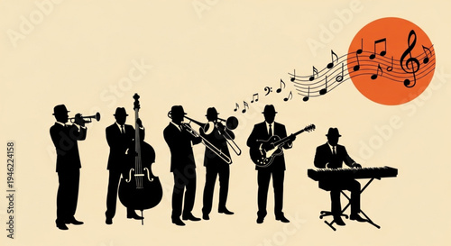 International Jazz Day A captivating silhouette of a classic jazz band creating a lively melody, expressing the soulful rhythm and vibrant energy of a musical performance