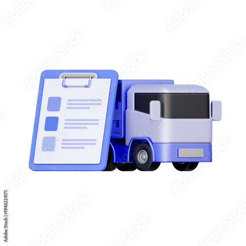 3D illustration of blue delivery truck with clipboard checklist for logistics manifest. supply chain apps, inventory management features, shipping order, delivery planning dashboards, and transport.