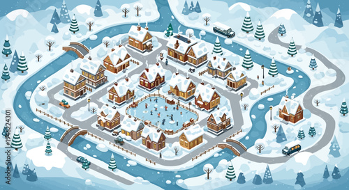 Isometric Winter Village with Ice Skating Rink and Snowy Houses