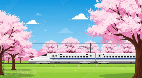 High Speed Bullet Train Traveling Through Cherry Blossom Landscape