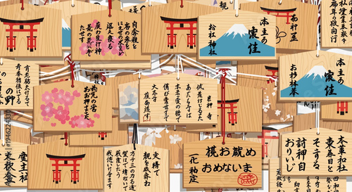 Japanese Ema Votive Wooden Prayer Tablets at Shinto Shrine