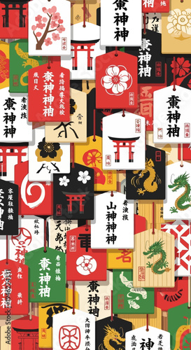 Japanese Ema Votive Tablets Pattern with Torii Gates and Dragons