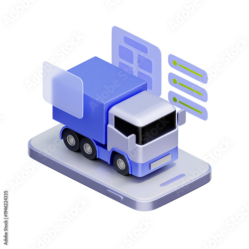 3D illustration of delivery truck on smartphone with holographic data screens for fleet management. smart logistics apps, vehicle monitoring features, driver data systems, transport tech dashboards.