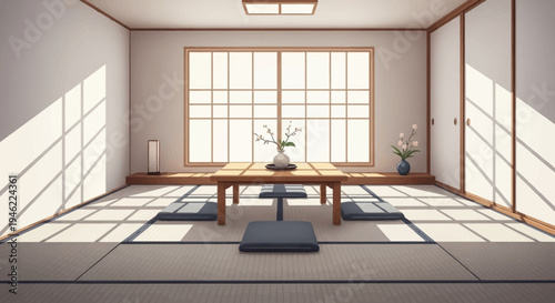 Minimalist Japanese Room Interior with Tatami Mats and Low Wooden Table