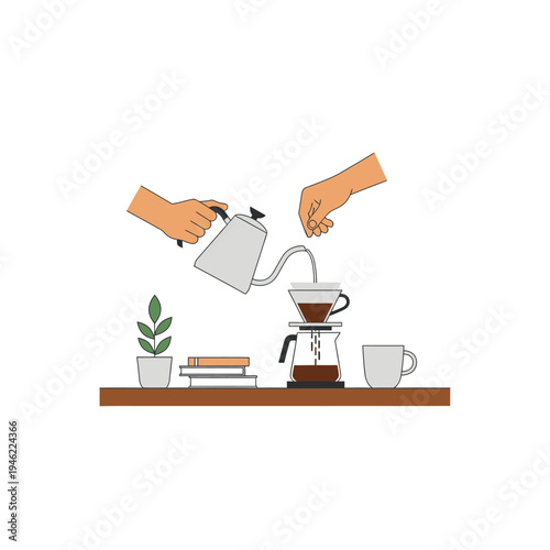Pour Over Coffee Brewing: Hands Making Fresh Coffee with Kettle and Dripper