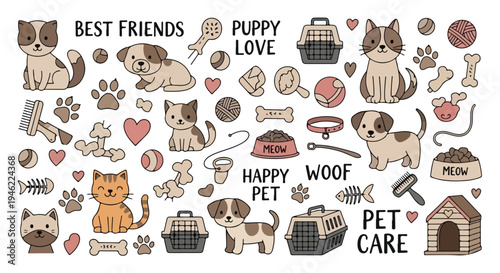 A collection of cute cartoon pets and pet care related illustrations and icons.