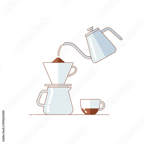 Pour Over Coffee Brewing: Kettle Pouring Water on Grounds in Dripper Over Carafe