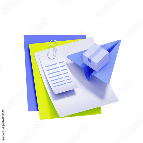 3D illustration of a paper airplane carrying a package box flying over a shipping invoice document with a paperclip, express delivery services, billing statements, shipping documentation features.