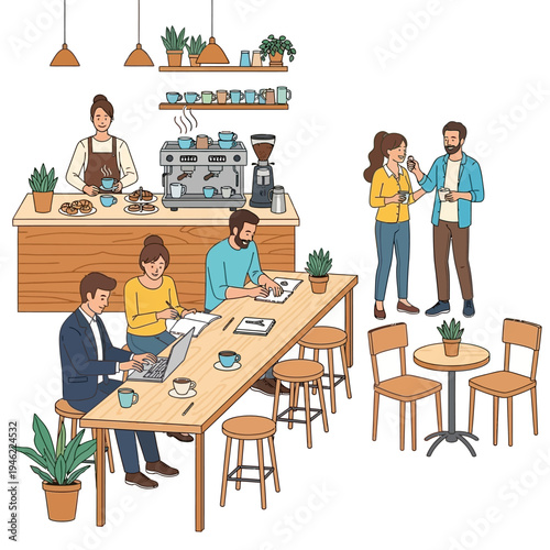 People working and socializing in a modern coffee shop with barista preparing drinks